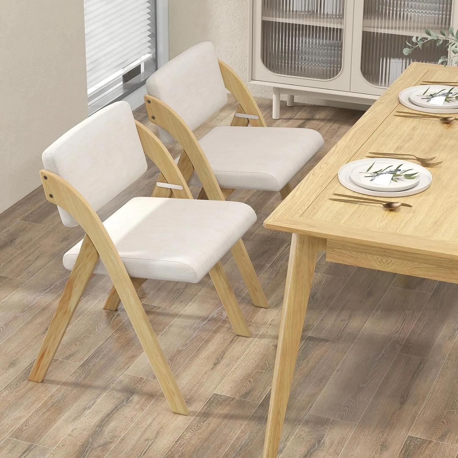 Folding Dining Chairs Set of 2, Farmhouse Upholstered Accent Chair with Non-Assembly Design, Padded Seat & Cushion Backrest, Portable Wood Kitchen Chairs for Party, Picnic & Home Office