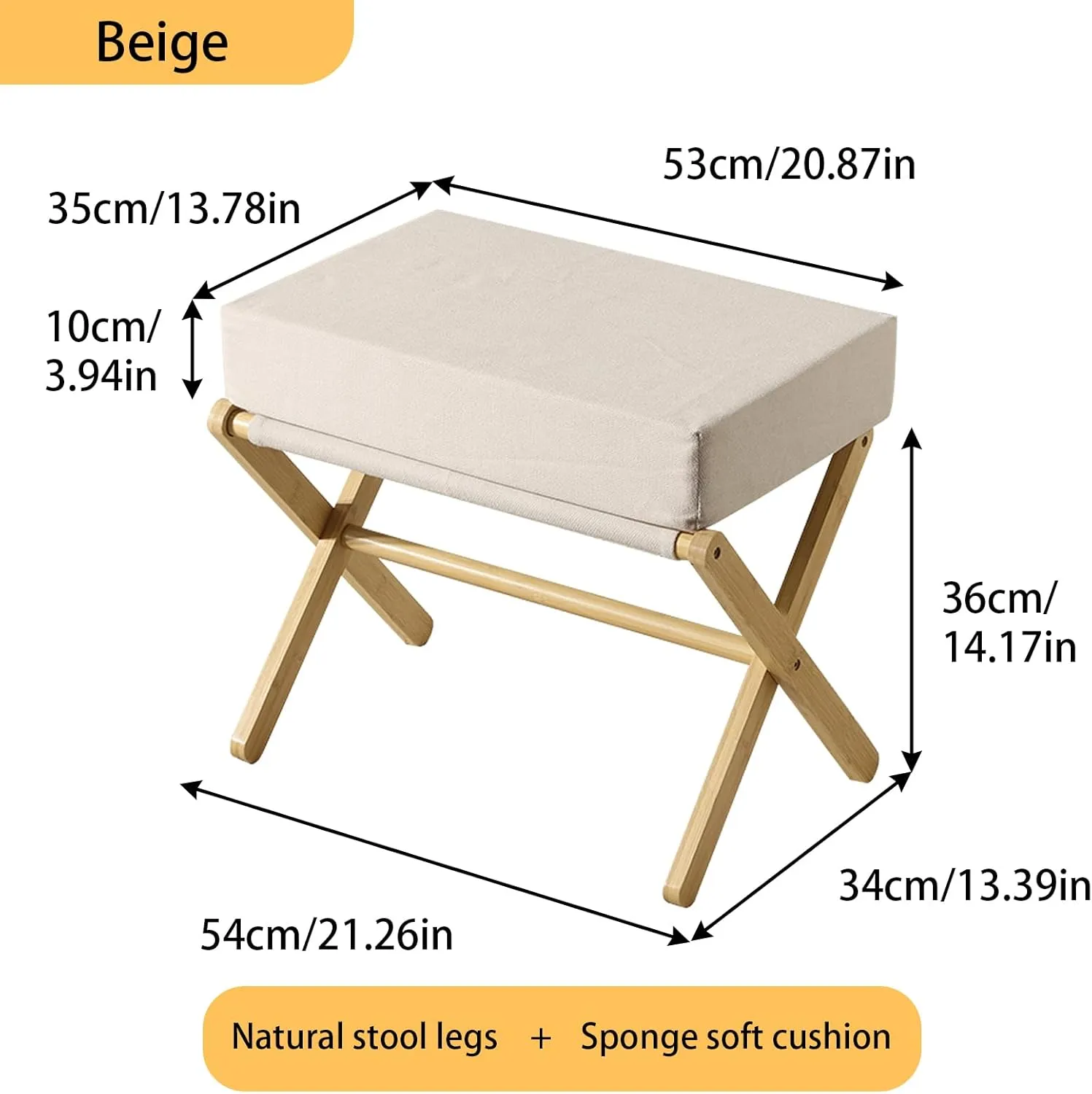 Folding Footrest Stool, Small Accent Ottoman with Thick Cotton Cushion & Bamboo X Legs, Modern Padded Sofa Stool for Makeup Bedroom Living Room (Beige)