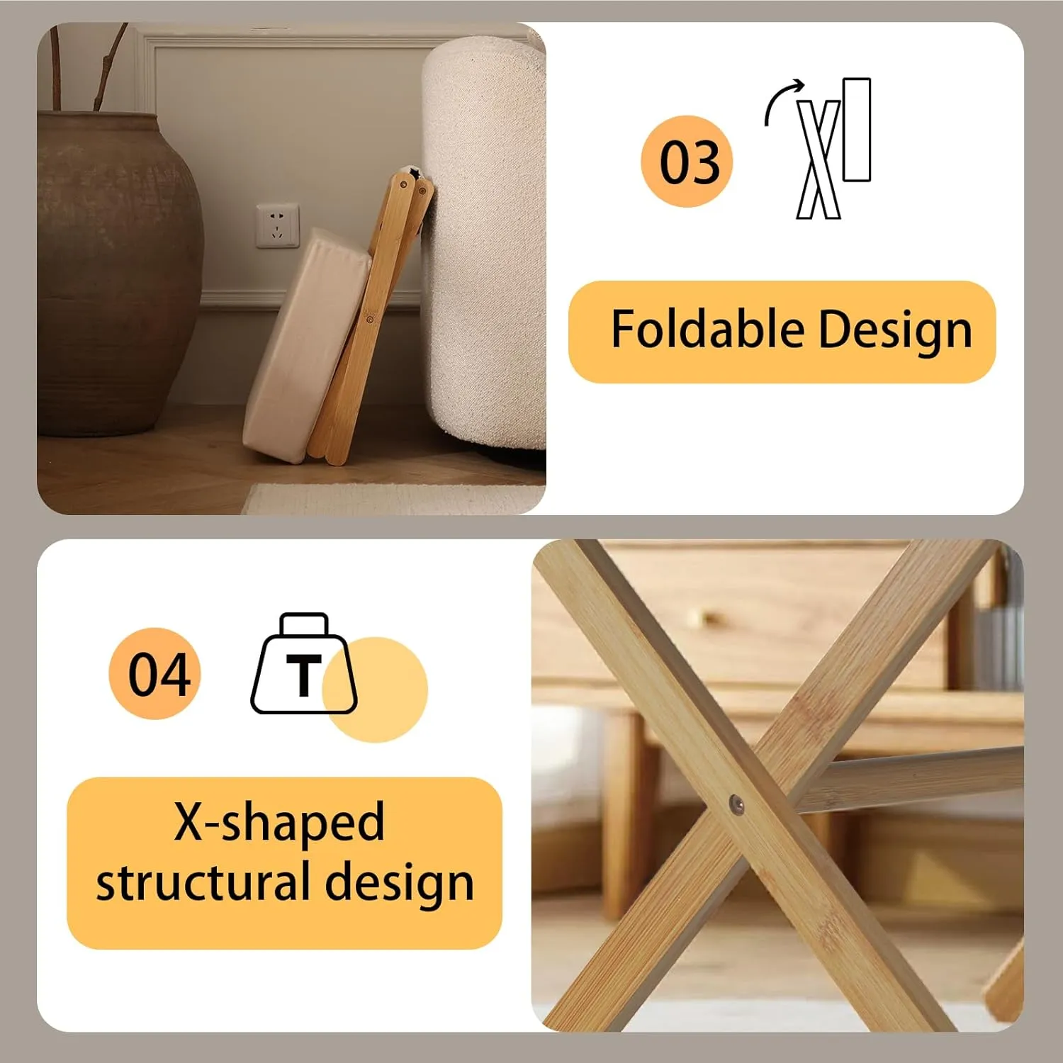 Folding Footrest Stool, Small Accent Ottoman with Thick Cotton Cushion & Bamboo X Legs, Modern Padded Sofa Stool for Makeup Bedroom Living Room (Beige)