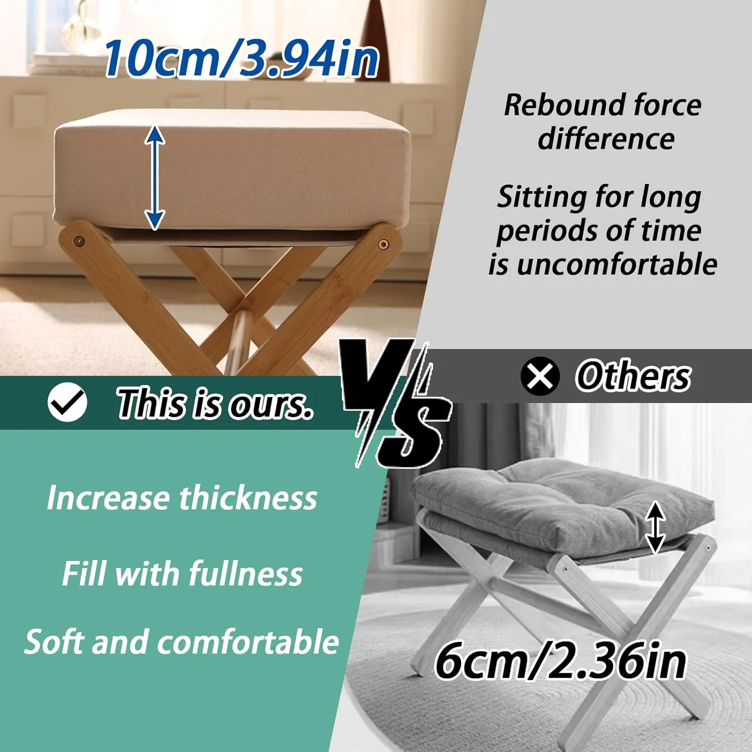 Folding Footrest Stool, Small Accent Ottoman with Thick Cotton Cushion & Bamboo X Legs, Modern Padded Sofa Stool for Makeup Bedroom Living Room (Beige)