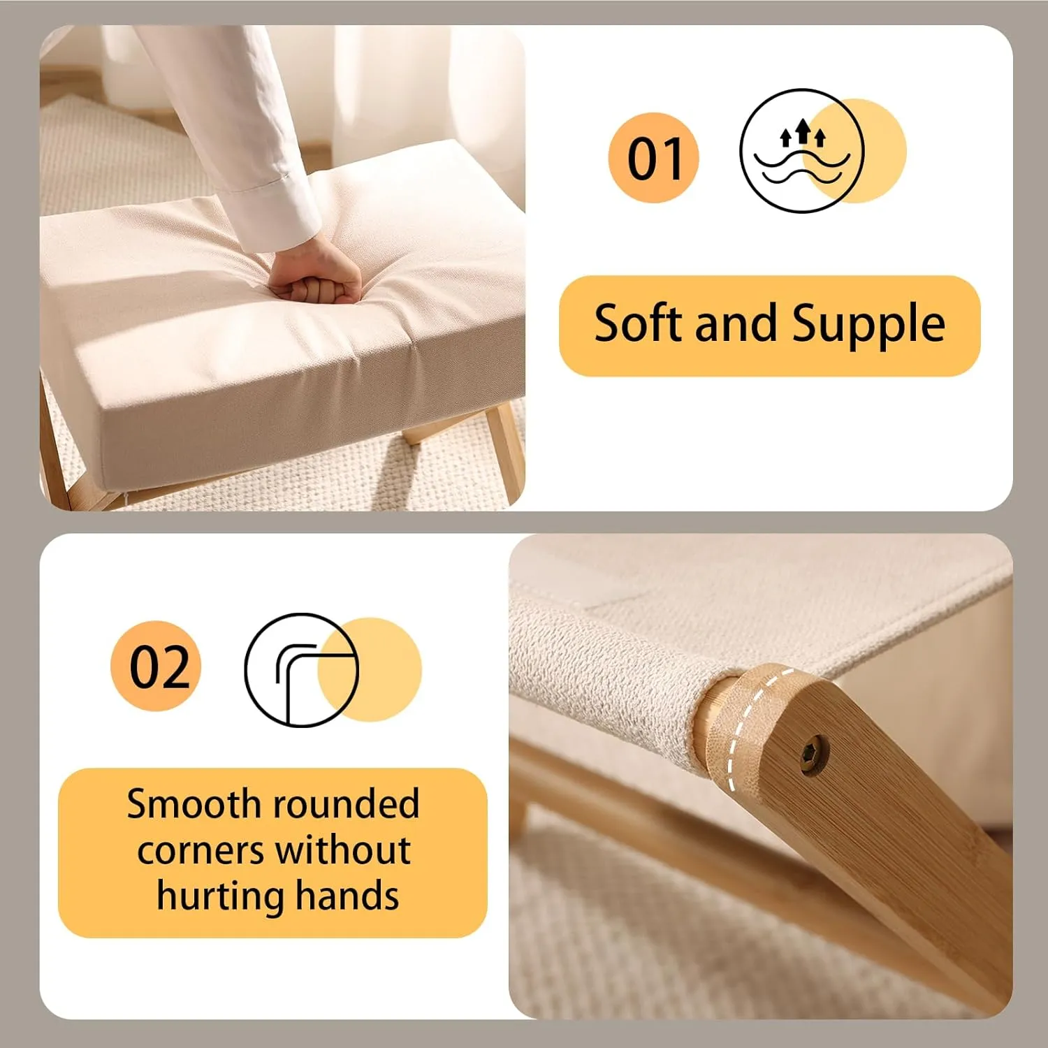 Folding Footrest Stool, Small Accent Ottoman with Thick Cotton Cushion & Bamboo X Legs, Modern Padded Sofa Stool for Makeup Bedroom Living Room (Beige)