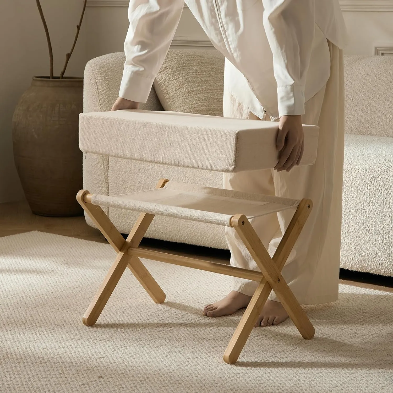 Folding Footrest Stool, Small Accent Ottoman with Thick Cotton Cushion & Bamboo X Legs, Modern Padded Sofa Stool for Makeup Bedroom Living Room (Beige)