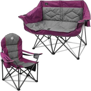 Folding Loveseat Camping Chair Portable Double Padded Garden Chair, Sofa & Oversized Portable Camping Chair, Full Padded Outdoor Folding Chair (Blue)