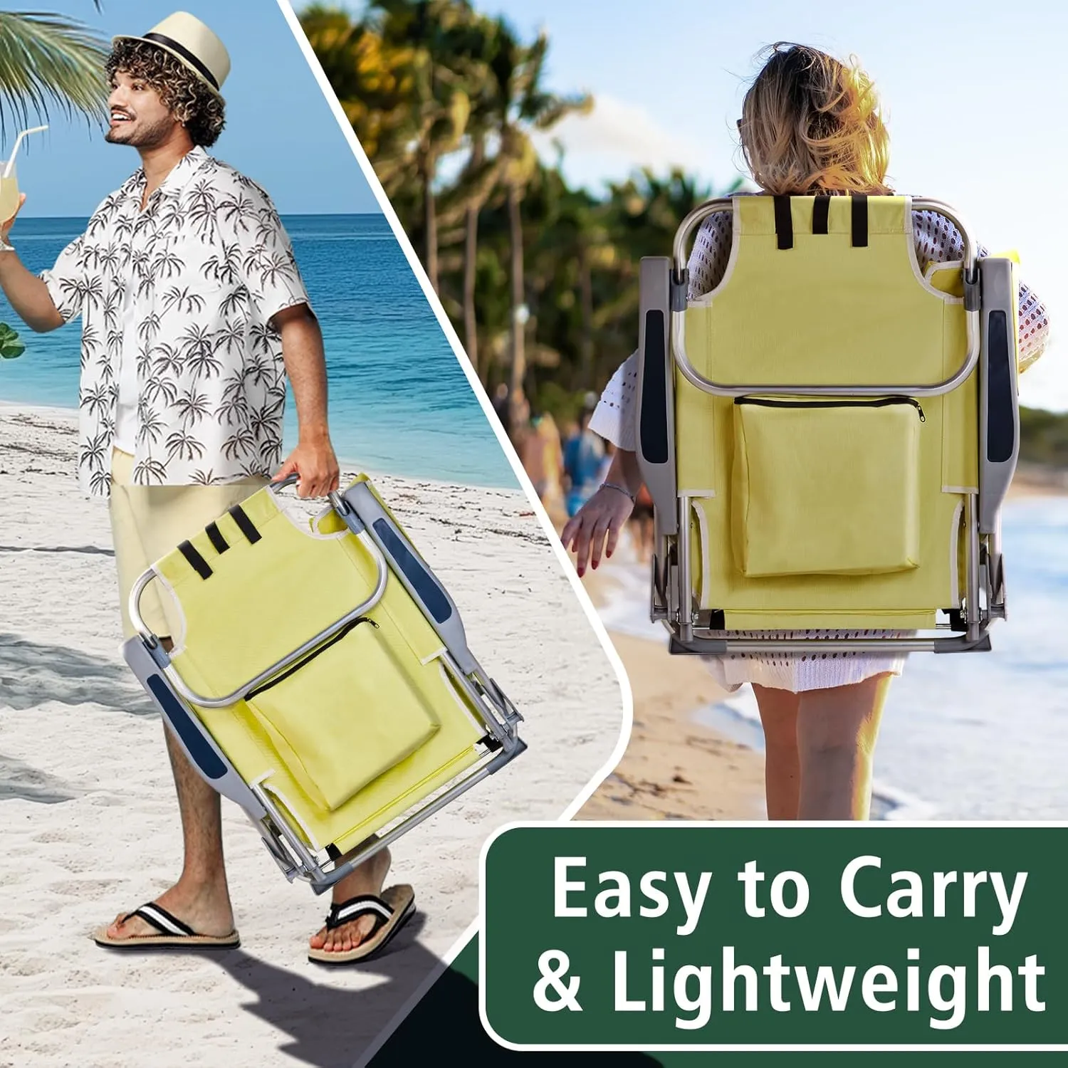 Folding Low Backpack Beach Chair 5-Position with Headrest & Cup Holder - Portable Aluminum Reclining Camping Chair with Storage Bags, Adjustable Recline - Lightweight & Compact, Yellow