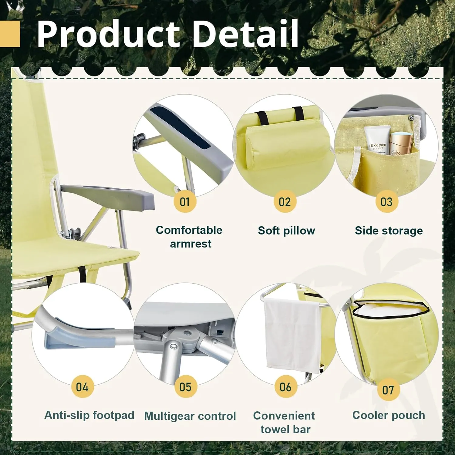 Folding Low Backpack Beach Chair 5-Position with Headrest & Cup Holder - Portable Aluminum Reclining Camping Chair with Storage Bags, Adjustable Recline - Lightweight & Compact, Yellow