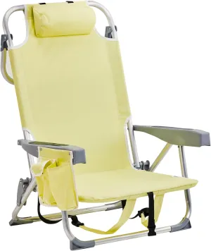 Folding Low Backpack Beach Chair 5-Position with Headrest & Cup Holder - Portable Aluminum Reclining Camping Chair with Storage Bags, Adjustable Recline - Lightweight & Compact, Yellow