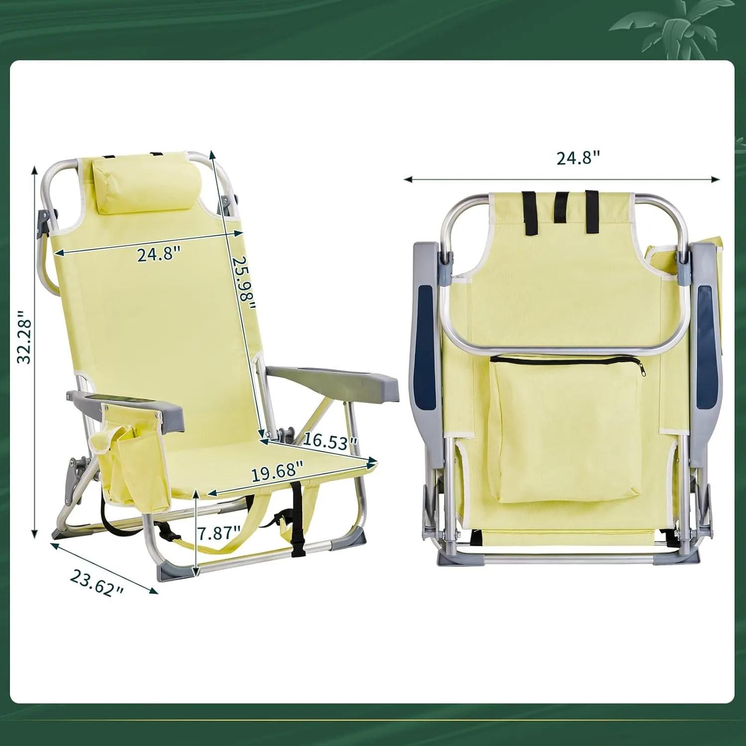 Folding Low Backpack Beach Chair 5-Position with Headrest & Cup Holder - Portable Aluminum Reclining Camping Chair with Storage Bags, Adjustable Recline - Lightweight & Compact, Yellow