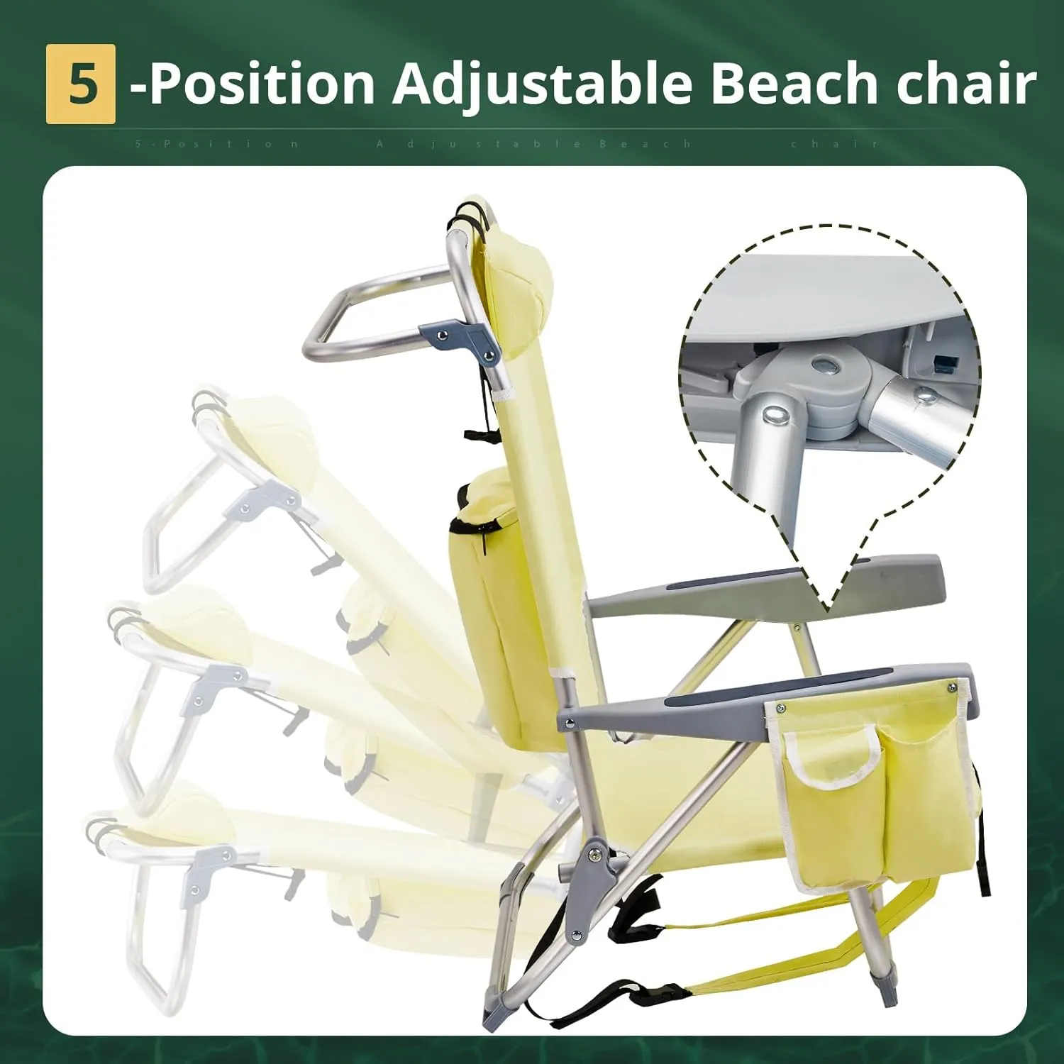 Folding Low Backpack Beach Chair 5-Position with Headrest & Cup Holder - Portable Aluminum Reclining Camping Chair with Storage Bags, Adjustable Recline - Lightweight & Compact, Yellow