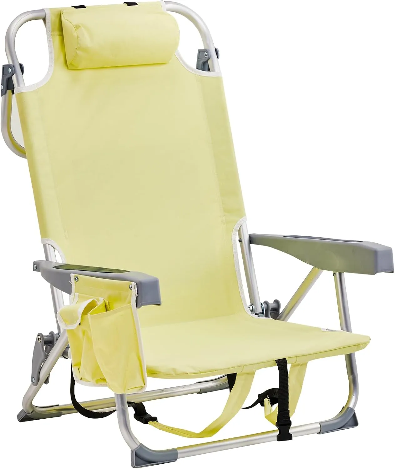 Folding Low Backpack Beach Chair 5-Position with Headrest & Cup Holder - Portable Aluminum Reclining Camping Chair with Storage Bags, Adjustable Recline - Lightweight & Compact, Yellow