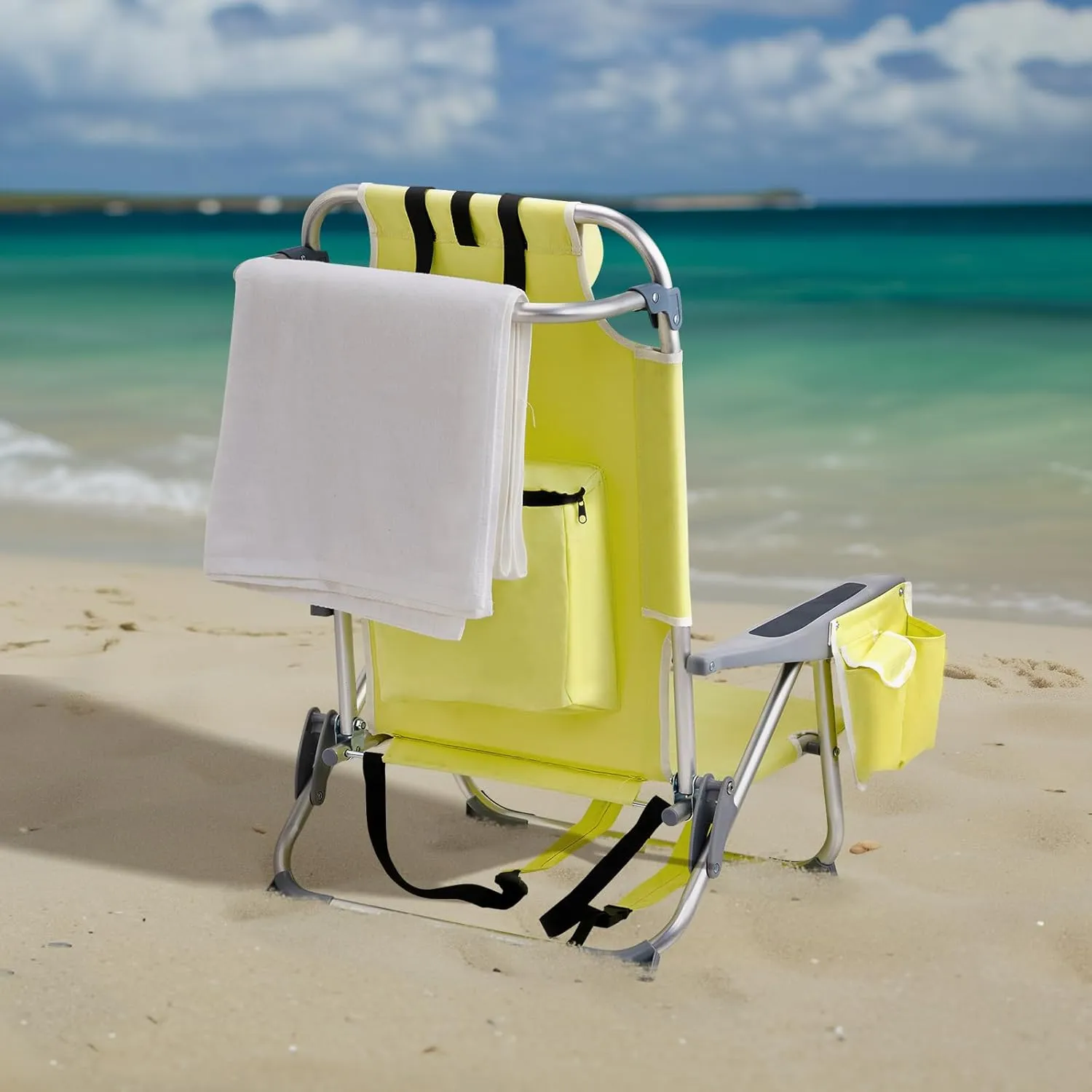 Folding Low Backpack Beach Chair 5-Position with Headrest & Cup Holder - Portable Aluminum Reclining Camping Chair with Storage Bags, Adjustable Recline - Lightweight & Compact, Yellow