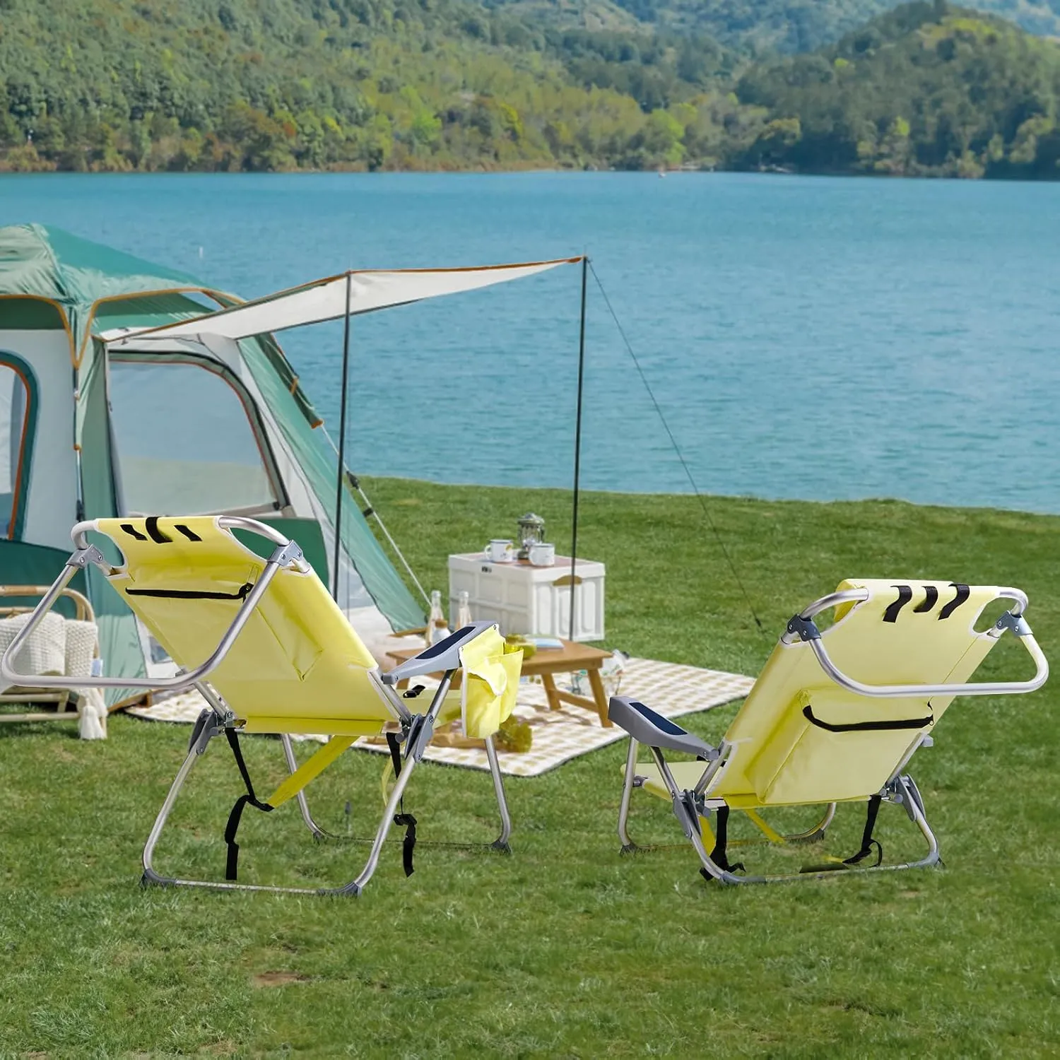 Folding Low Backpack Beach Chair 5-Position with Headrest & Cup Holder - Portable Aluminum Reclining Camping Chair with Storage Bags, Adjustable Recline - Lightweight & Compact, Yellow