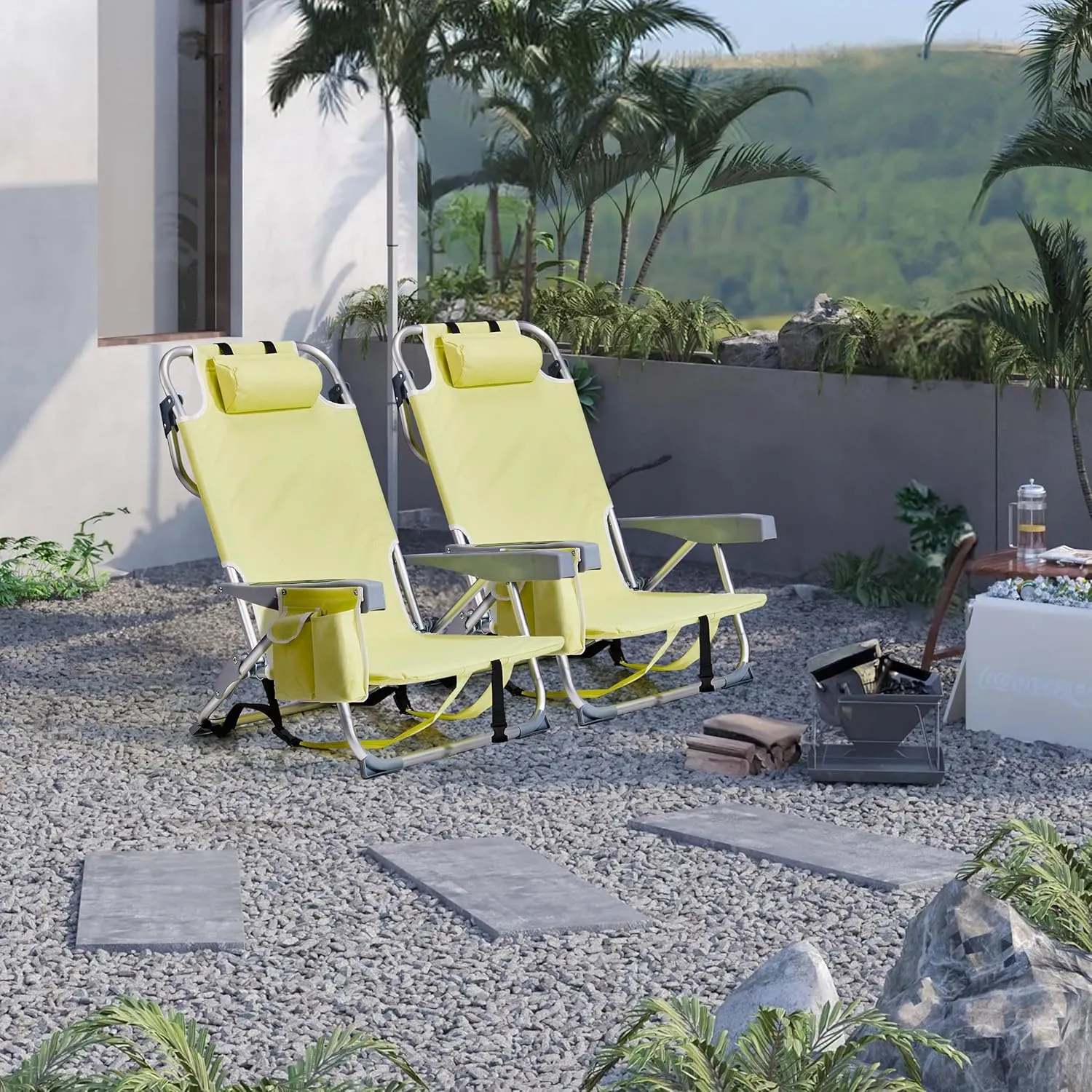 Folding Low Backpack Beach Chair 5-Position with Headrest & Cup Holder - Portable Aluminum Reclining Camping Chair with Storage Bags, Adjustable Recline - Lightweight & Compact, Yellow