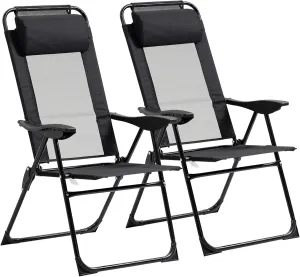 Folding Patio Chairs Set of 2, Outdoor Deck Chair with Adjustable Sling Back, Camping Chair with Removable Headrest for Garden, Backyard, Lawn, Black