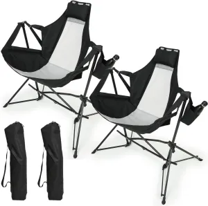 Folding Portable Rocking Hammock Chair, Adjustable Back Recliner with Pillow and Cup Holder, Black, Set of 2