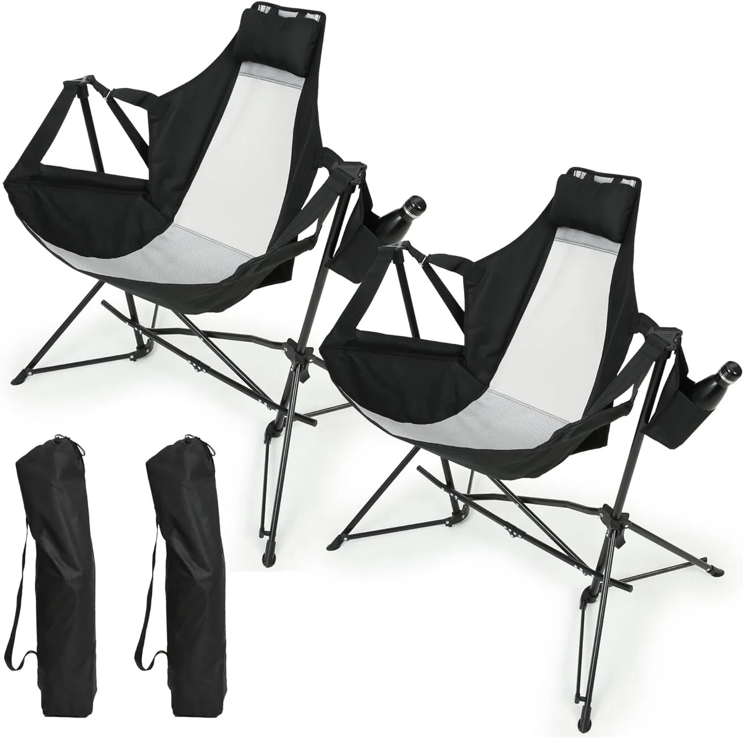 Folding Portable Rocking Hammock Chair, Adjustable Back Recliner with Pillow and Cup Holder, Black, Set of 2