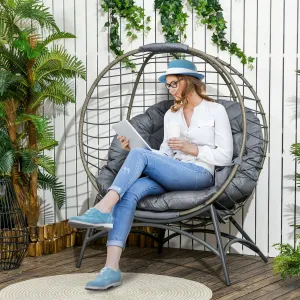 Folding Rattan Egg Chair with Cushion, Bottle Holder Bag for Outdoor or Indoor, Grey