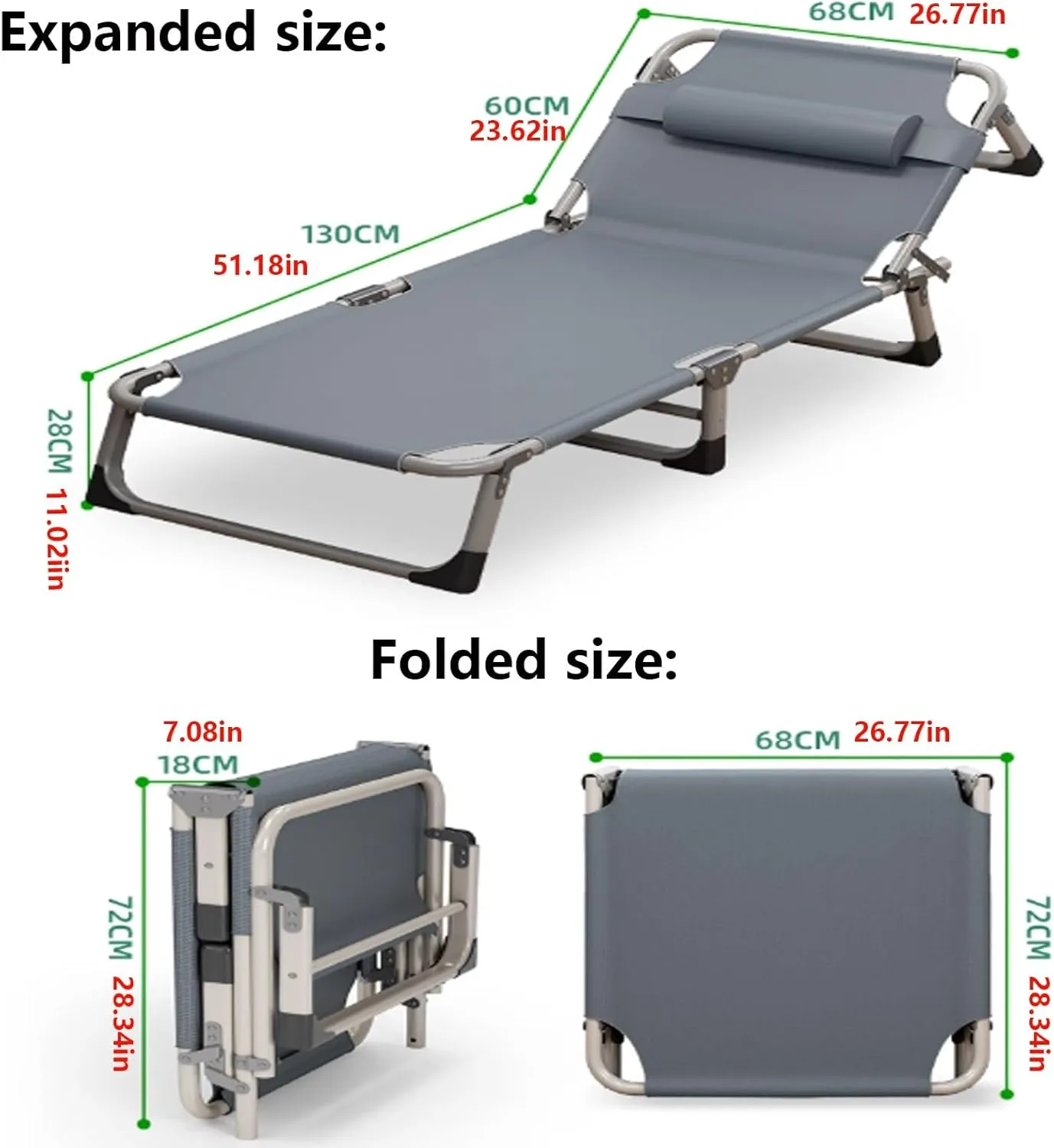 Folding Recliner Bed with 4-Position Adjustable Backrest, Heavy Duty Lounger Chair, Oxford Fabric Steel Frame, Multi-Scene Portable for Camping, Office, Nap, and Guest Use(190 * 68 * 28cm)