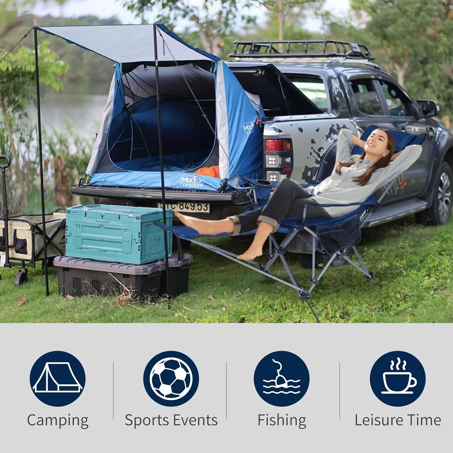 Folding Reclining Camping Chairs Footrest: 3 in 1 Portable Beach Lounge Chair Tanning Chairs with Backpack Lay Flat Lawn Chair Camping Furniture Camp Fishing Outdoor Carry Bag (Mesh Back, Black)