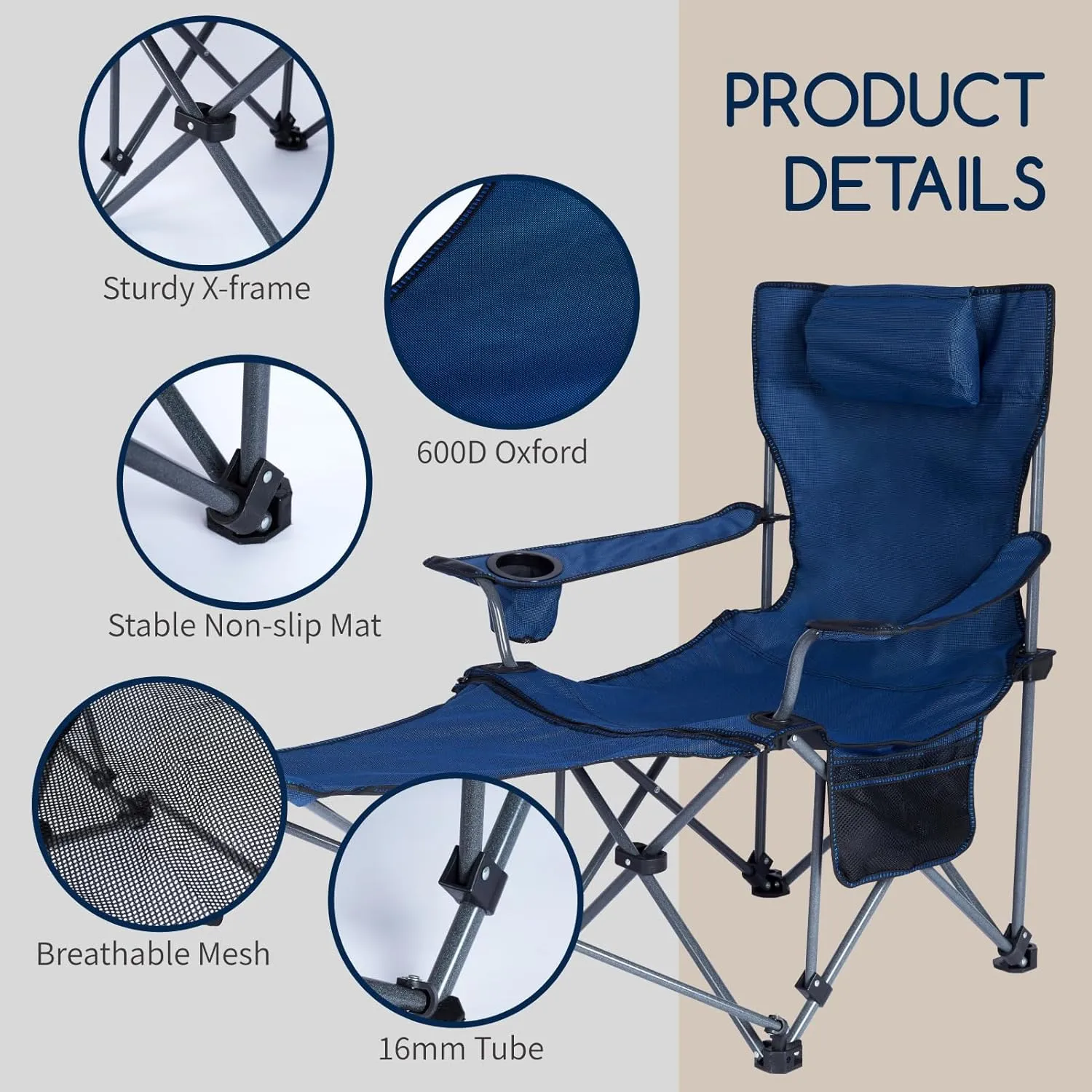 Folding Reclining Camping Chairs Footrest: 3 in 1 Portable Beach Lounge Chair Tanning Chairs with Backpack Lay Flat Lawn Chair Camping Furniture Camp Fishing Outdoor Carry Bag (Mesh Back, Black)