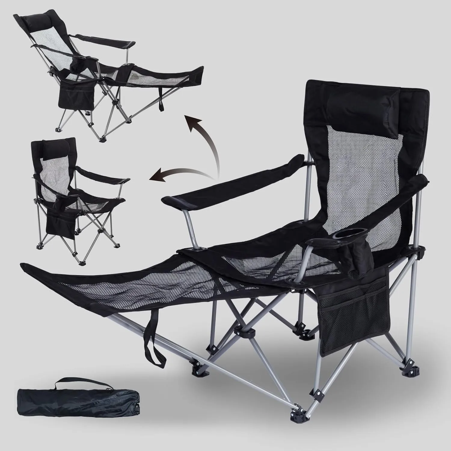 Folding Reclining Camping Chairs Footrest: 3 in 1 Portable Beach Lounge Chair Tanning Chairs with Backpack Lay Flat Lawn Chair Camping Furniture Camp Fishing Outdoor Carry Bag (Mesh Back, Black)