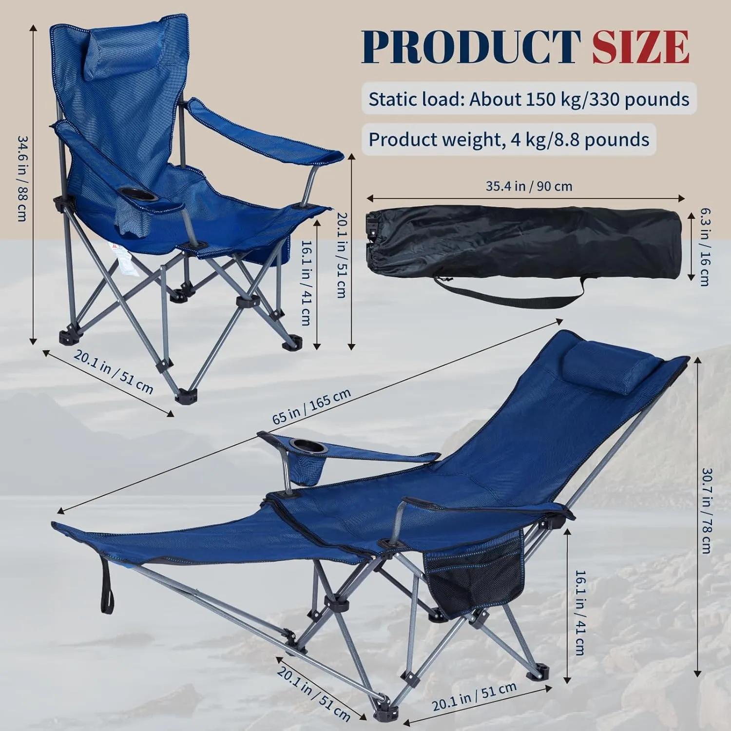 Folding Reclining Camping Chairs Footrest: 3 in 1 Portable Beach Lounge Chair Tanning Chairs with Backpack Lay Flat Lawn Chair Camping Furniture Camp Fishing Outdoor Carry Bag (Mesh Back, Black)