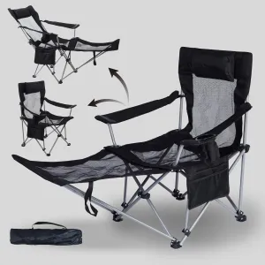 Folding Reclining Camping Chairs Footrest: 3 in 1 Portable Beach Lounge Chair Tanning Chairs with Backpack Lay Flat Lawn Chair Camping Furniture Camp Fishing Outdoor Carry Bag (Mesh Back, Black)