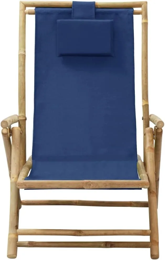 Folding Reclining Chair Navy Blue Bamboo and Fabric Outdoor Lounge Chair Adjustable Backrest Comfortable Garden Chair for Patio, Beach, Camping, and Lawn