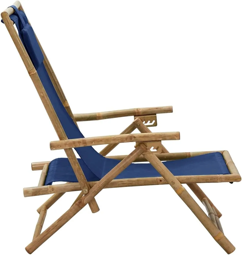 Folding Reclining Chair Navy Blue Bamboo and Fabric Outdoor Lounge Chair Adjustable Backrest Comfortable Garden Chair for Patio, Beach, Camping, and Lawn