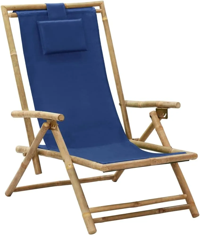 Folding Reclining Chair Navy Blue Bamboo and Fabric Outdoor Lounge Chair Adjustable Backrest Comfortable Garden Chair for Patio, Beach, Camping, and Lawn