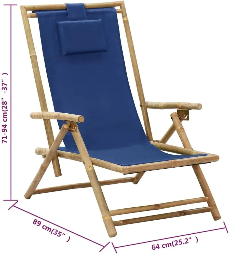 Folding Reclining Chair Navy Blue Bamboo and Fabric Outdoor Lounge Chair Adjustable Backrest Comfortable Garden Chair for Patio, Beach, Camping, and Lawn