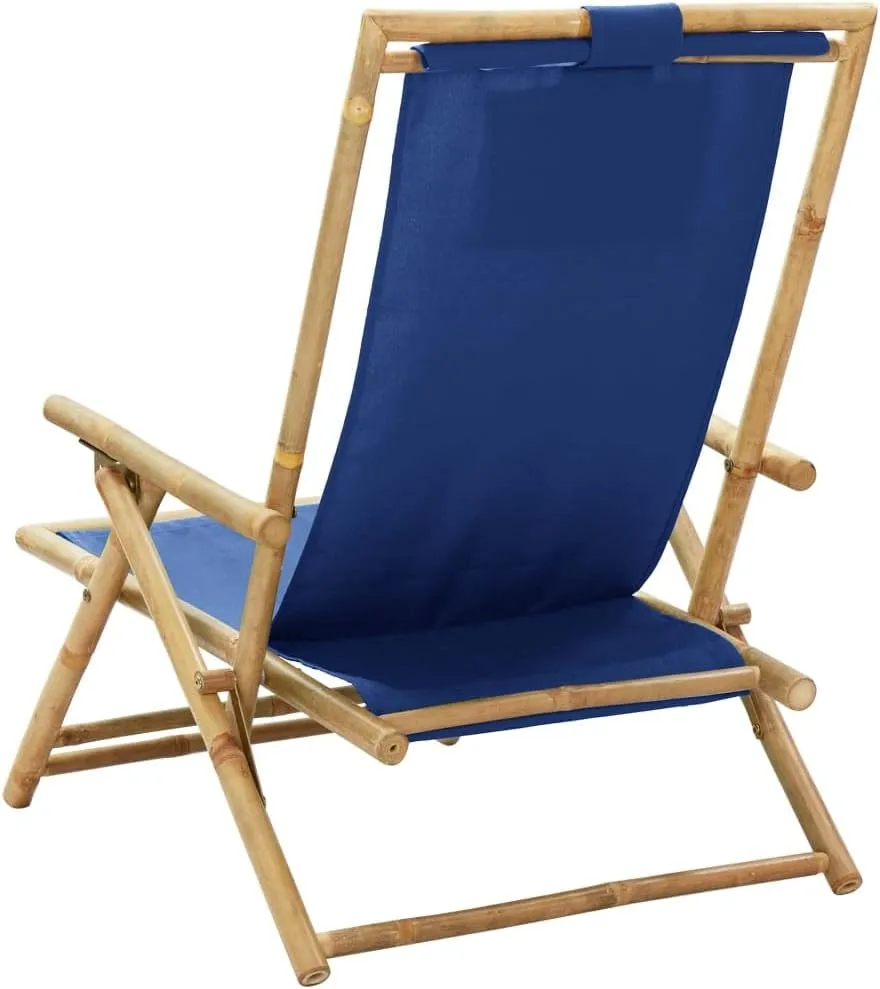 Folding Reclining Chair Navy Blue Bamboo and Fabric Outdoor Lounge Chair Adjustable Backrest Comfortable Garden Chair for Patio, Beach, Camping, and Lawn