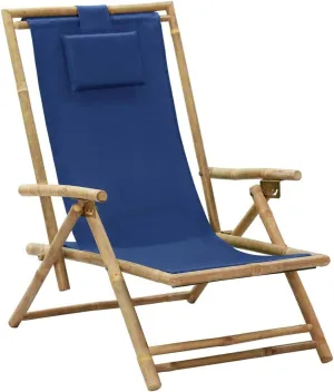 Folding Reclining Chair Navy Blue Bamboo and Fabric Outdoor Lounge Chair Adjustable Backrest Comfortable Garden Chair for Patio, Beach, Camping, and Lawn