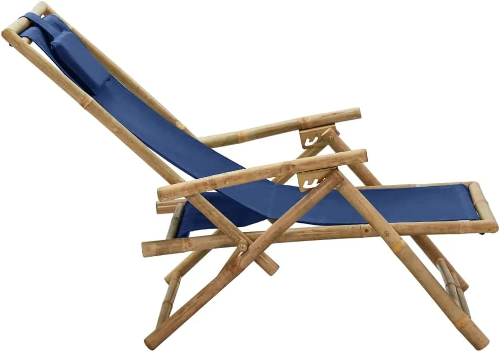 Folding Reclining Chair Navy Blue Bamboo and Fabric Outdoor Lounge Chair Adjustable Backrest Comfortable Garden Chair for Patio, Beach, Camping, and Lawn