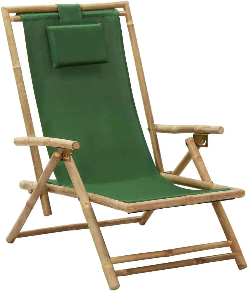 Folding Reclining Lounge Chair Green Bamboo Outdoor Patio Chair Adjustable Backrest Garden Chair for Relaxation Beach Camping Lawn and Patio Furniture