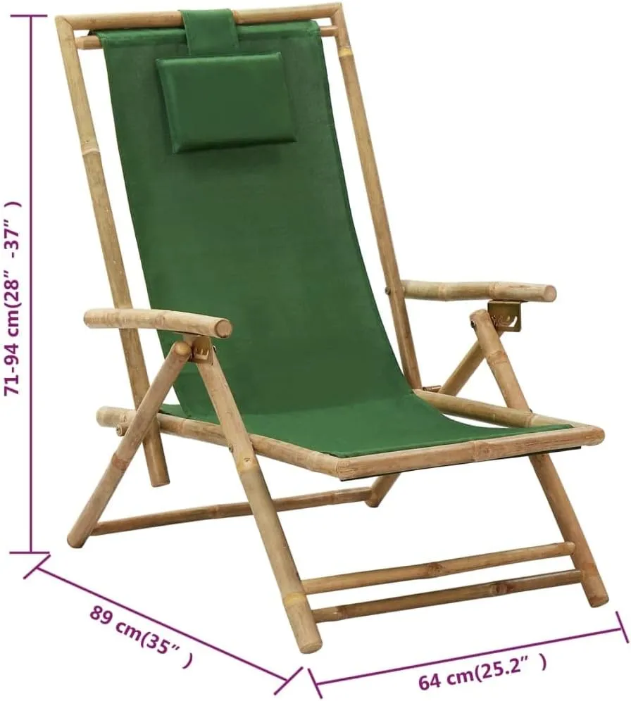 Folding Reclining Lounge Chair Green Bamboo Outdoor Patio Chair Adjustable Backrest Garden Chair for Relaxation Beach Camping Lawn and Patio Furniture