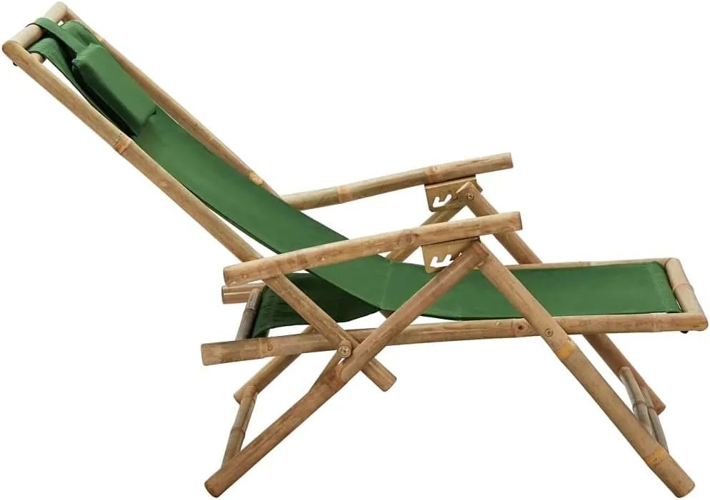 Folding Reclining Lounge Chair Green Bamboo Outdoor Patio Chair Adjustable Backrest Garden Chair for Relaxation Beach Camping Lawn and Patio Furniture