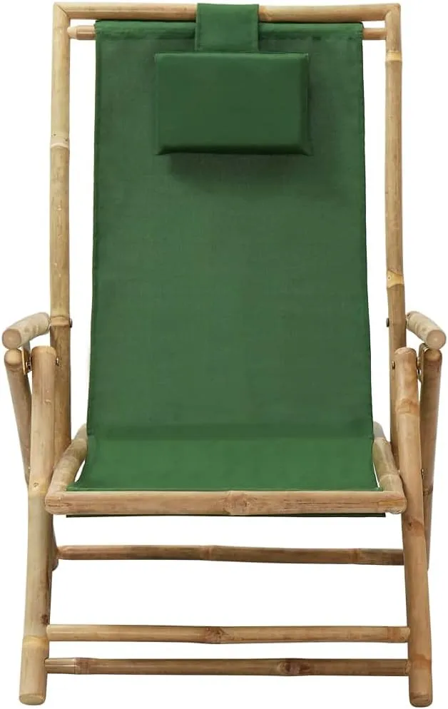 Folding Reclining Lounge Chair Green Bamboo Outdoor Patio Chair Adjustable Backrest Garden Chair for Relaxation Beach Camping Lawn and Patio Furniture