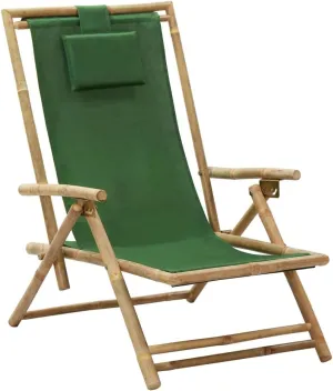 Folding Reclining Lounge Chair Green Bamboo Outdoor Patio Chair Adjustable Backrest Garden Chair for Relaxation Beach Camping Lawn and Patio Furniture