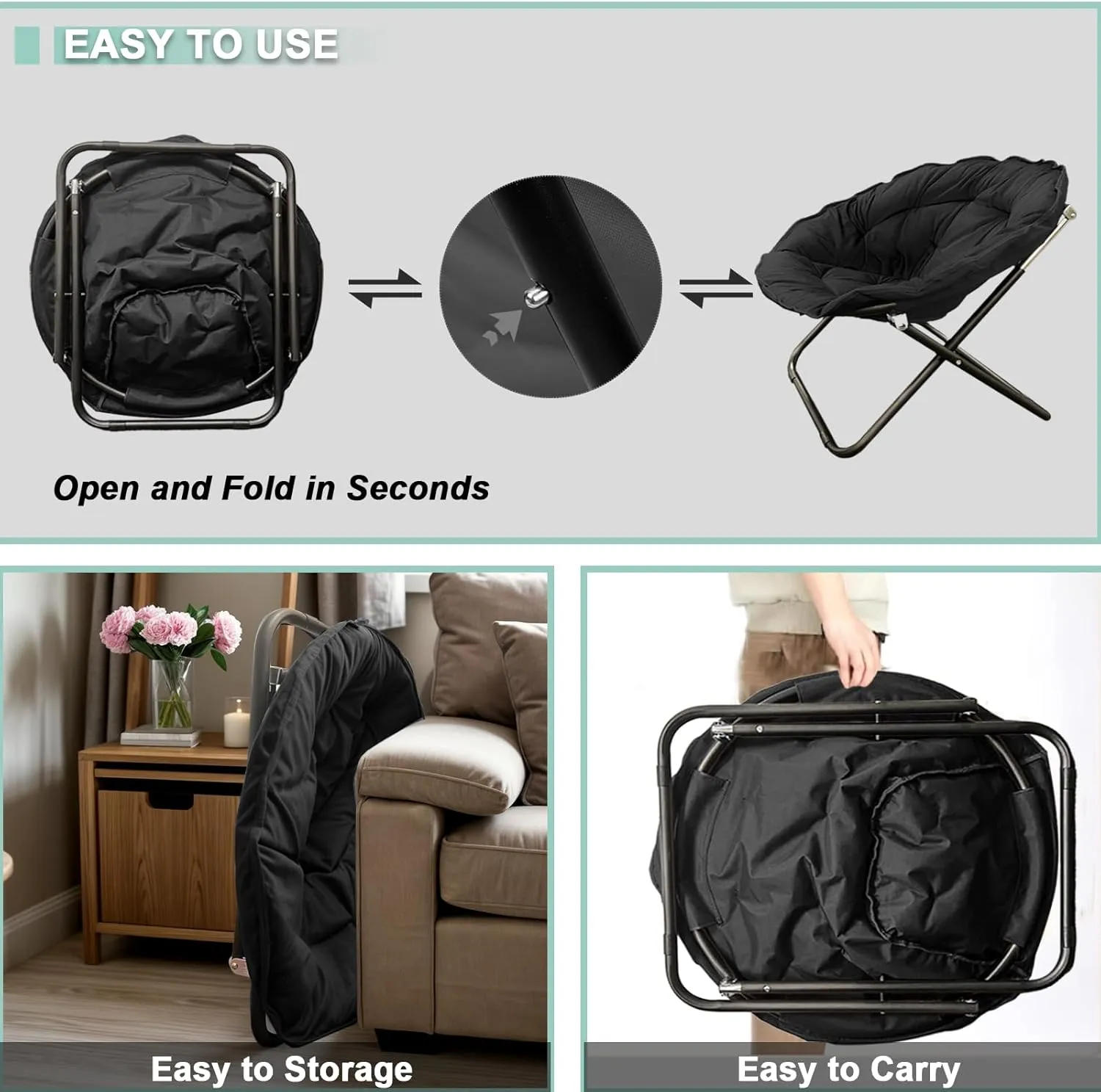 Folding Saucer Chair for Adult, Comfy Padded Moon Chairs with Faux Fur, Round Portable Lounge Chair with Metal Frame, Reading Relaxing Lightweight Seat for Bedroom Living Room Dorm (Black, 2 Pack)