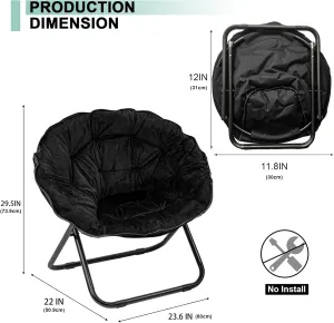 Folding Saucer Chair for Adult, Comfy Padded Moon Chairs with Faux Fur, Round Portable Lounge Chair with Metal Frame, Reading Relaxing Lightweight Seat for Bedroom Living Room Dorm (Black, 2 Pack)