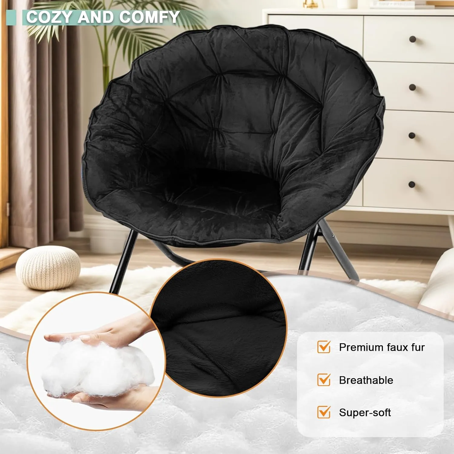 Folding Saucer Chair for Adult, Comfy Padded Moon Chairs with Faux Fur, Round Portable Lounge Chair with Metal Frame, Reading Relaxing Lightweight Seat for Bedroom Living Room Dorm (Black, 2 Pack)