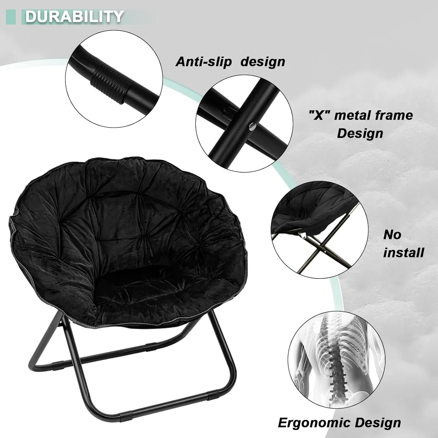 Folding Saucer Chair for Adult, Comfy Padded Moon Chairs with Faux Fur, Round Portable Lounge Chair with Metal Frame, Reading Relaxing Lightweight Seat for Bedroom Living Room Dorm (Black, 2 Pack)