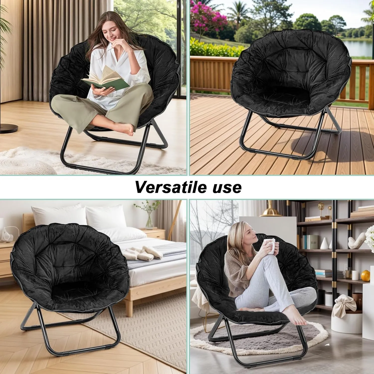 Folding Saucer Chair for Adult, Comfy Padded Moon Chairs with Faux Fur, Round Portable Lounge Chair with Metal Frame, Reading Relaxing Lightweight Seat for Bedroom Living Room Dorm (Black, 2 Pack)