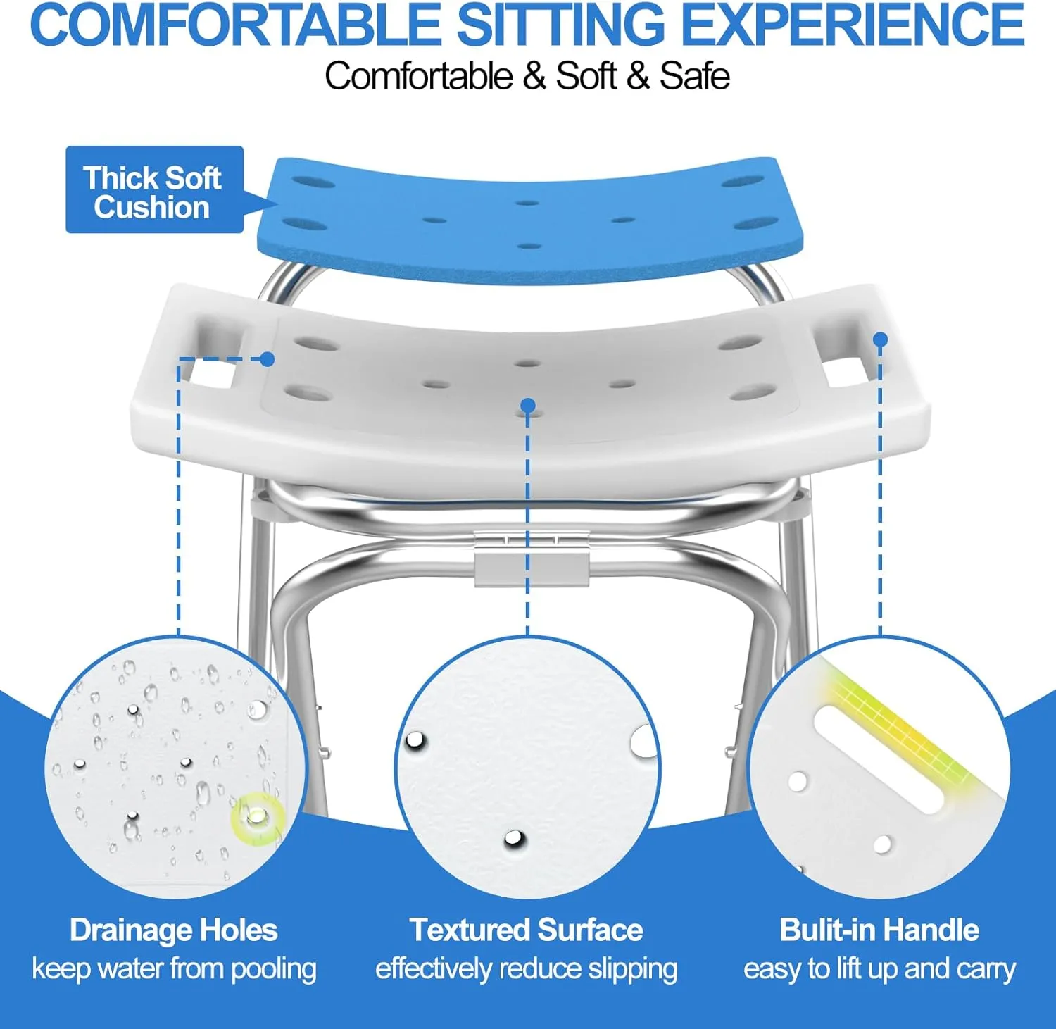 Folding Shower Chair Seat, 17.5" Stainless Steel Small Shower Chair for Inside Shower, 400lbs Portable Travel Shower Stool, Safety Anti-Slip Bath Chair for Seniors, Disabled, White