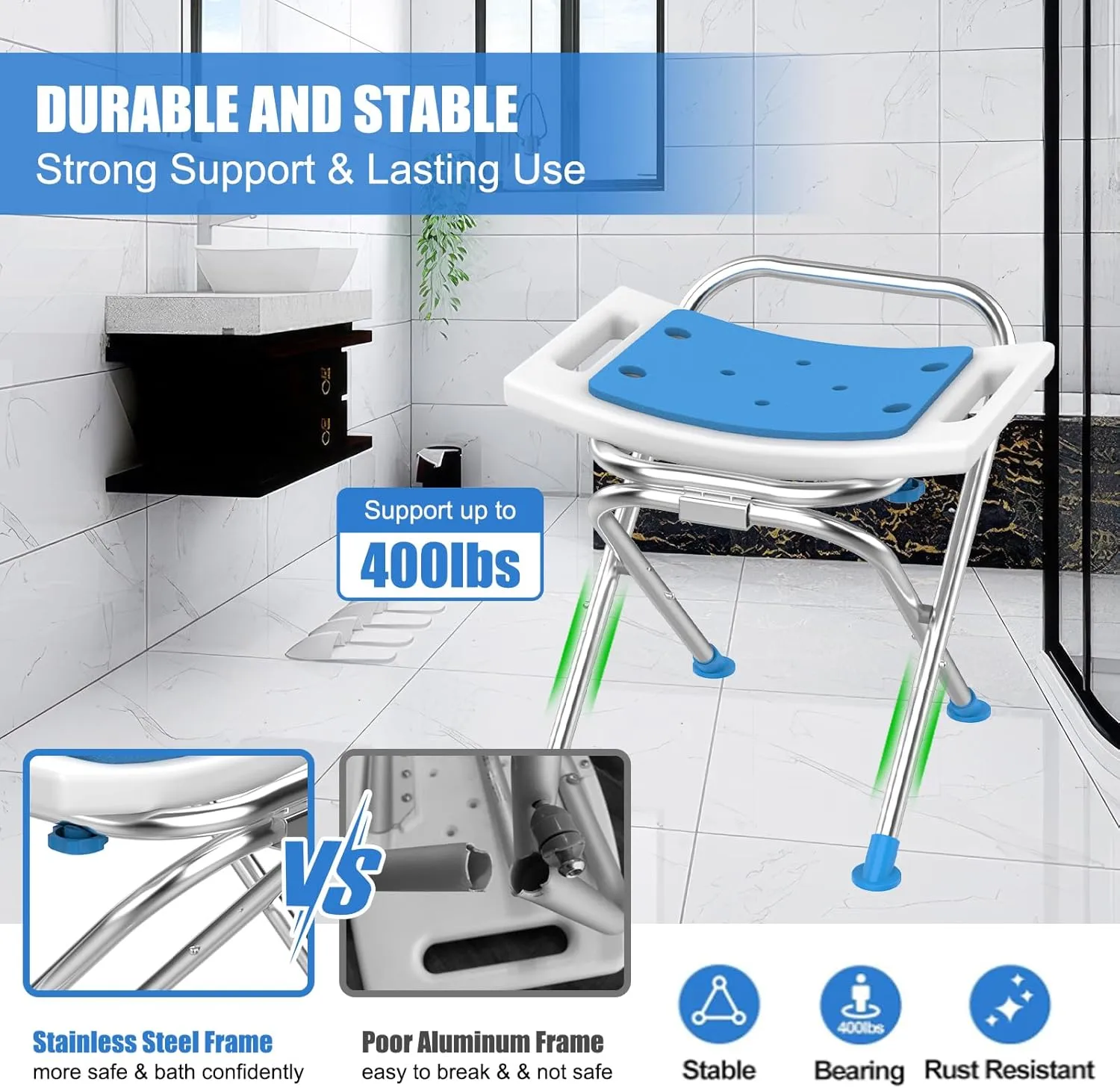 Folding Shower Chair Seat, 17.5" Stainless Steel Small Shower Chair for Inside Shower, 400lbs Portable Travel Shower Stool, Safety Anti-Slip Bath Chair for Seniors, Disabled, White