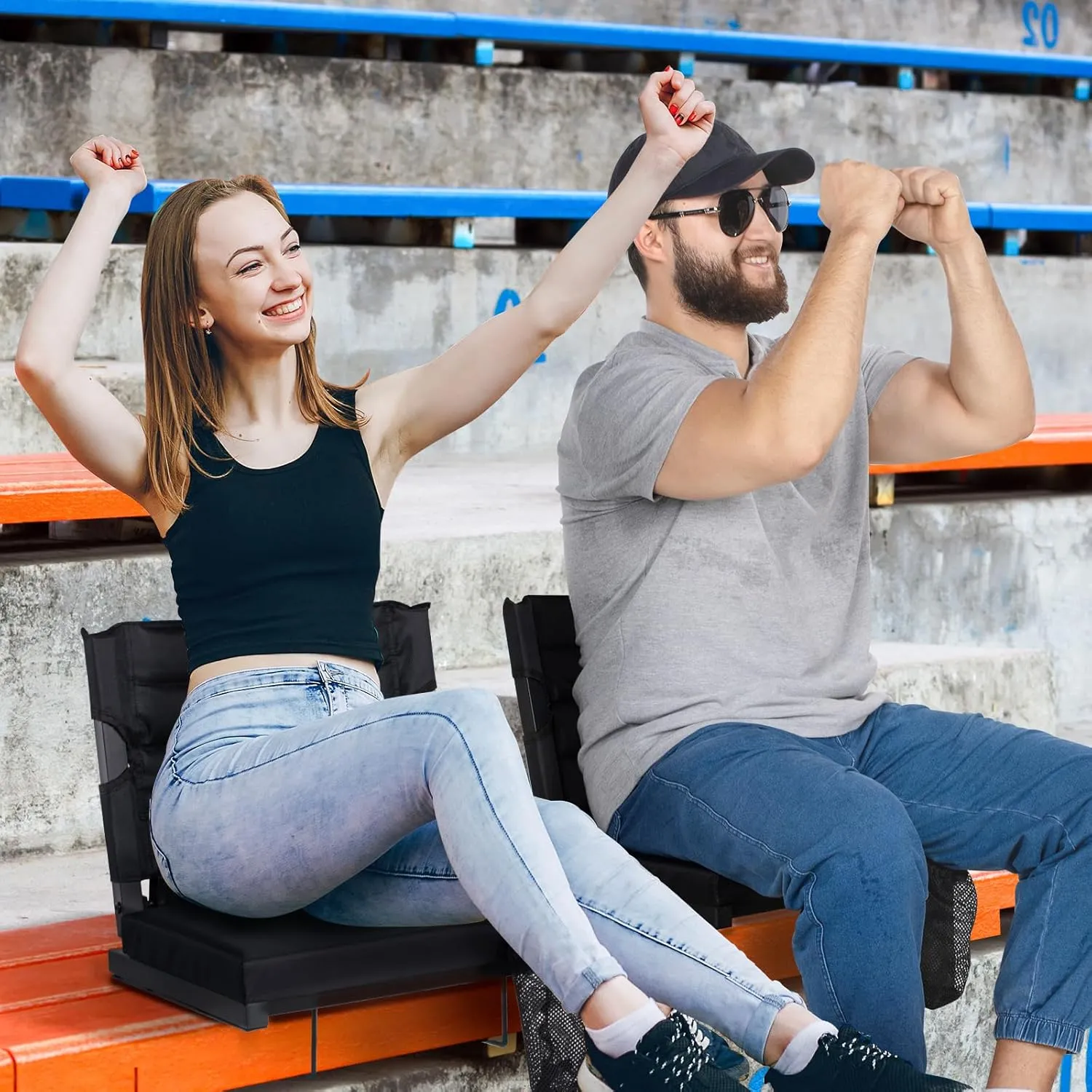 Folding Stadium Seats for Bleachers with Back Support, Padded Bleacher Seats with Backs & Extra Thick Padded Cushion, Includes Shoulder Straps Carry Handle, and Cup Holder Pockets (Black)