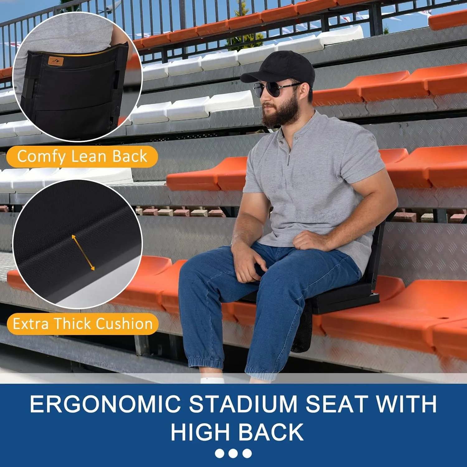 Folding Stadium Seats for Bleachers with Back Support, Padded Bleacher Seats with Backs & Extra Thick Padded Cushion, Includes Shoulder Straps Carry Handle, and Cup Holder Pockets (Black)