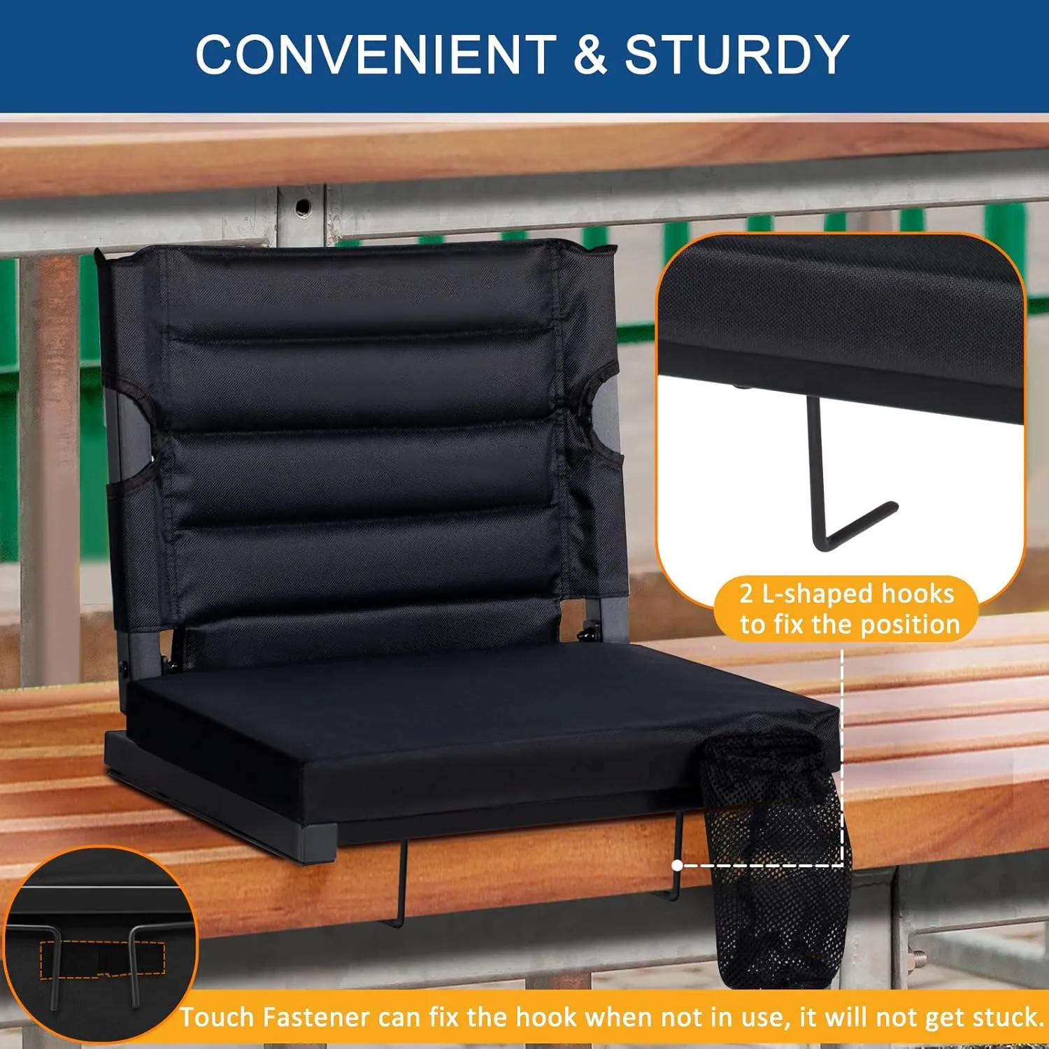 Folding Stadium Seats for Bleachers with Back Support, Padded Bleacher Seats with Backs & Extra Thick Padded Cushion, Includes Shoulder Straps Carry Handle, and Cup Holder Pockets (Black)