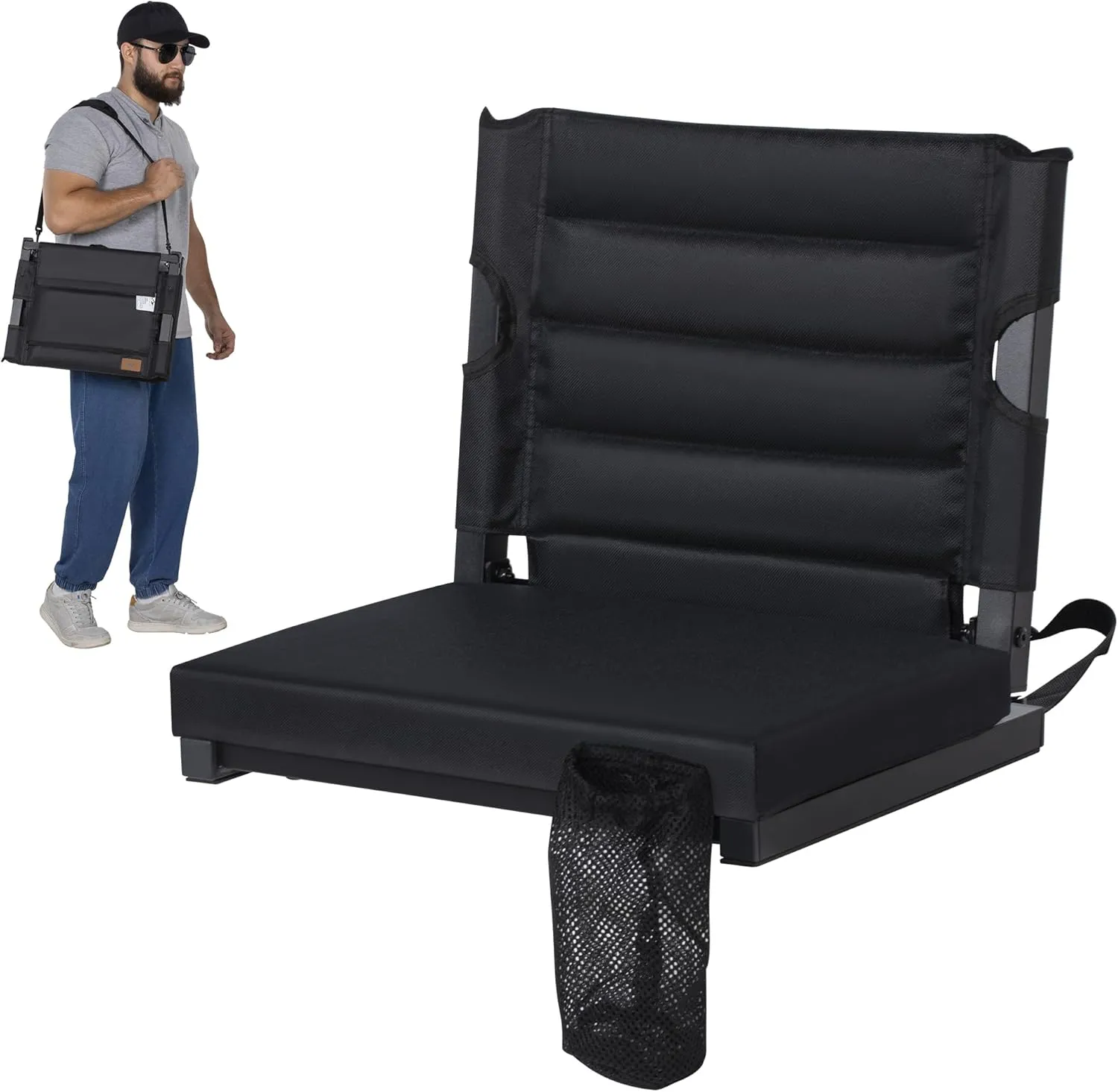 Folding Stadium Seats for Bleachers with Back Support, Padded Bleacher Seats with Backs & Extra Thick Padded Cushion, Includes Shoulder Straps Carry Handle, and Cup Holder Pockets (Black)