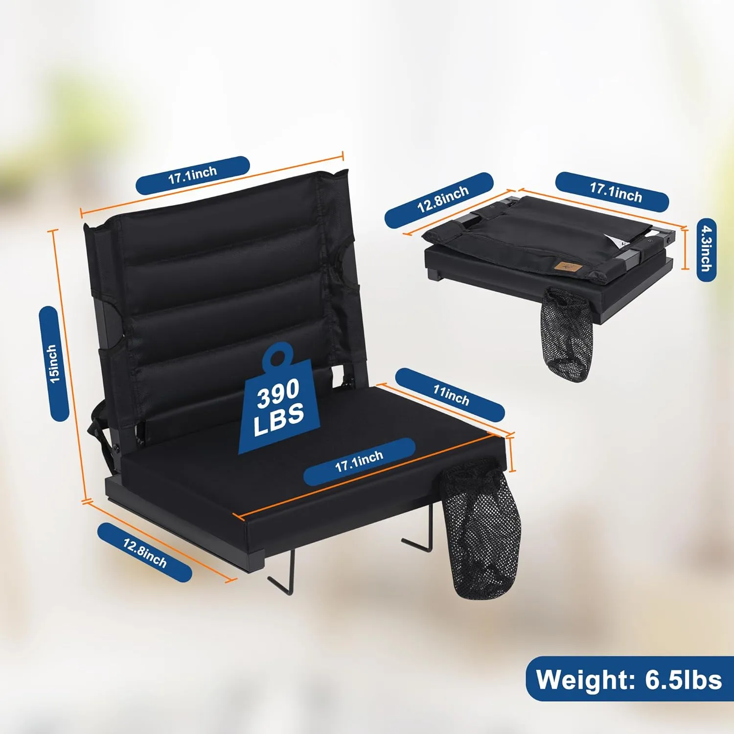 Folding Stadium Seats for Bleachers with Back Support, Padded Bleacher Seats with Backs & Extra Thick Padded Cushion, Includes Shoulder Straps Carry Handle, and Cup Holder Pockets (Black)